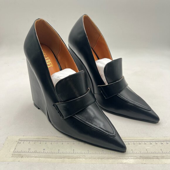 miss left Black Wedge Heel Loafers Pumps Slip On Pointy Toe High Heels Shoes - Picture 4 of 8